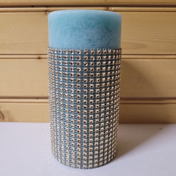 Cassis Pillar Candle Aqua Silver Mesh Rhinestone Look Wrap 6" x 3" Zodax - Picture 3 of 7